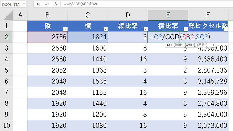 ExcelでGCD関数を利用しアスペクト比を求める数式